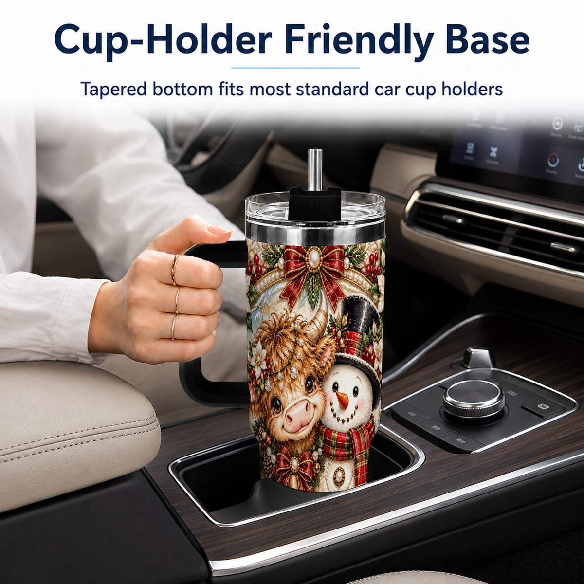 #pl[40oz|Black] Poinsettia Cow 40oz Tumbler with Handle, Snowman Stainless Steel Travel Cup
