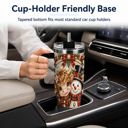 #pl[40oz|Black] Poinsettia Cow 40oz Tumbler with Handle, Snowman Stainless Steel Travel Cup