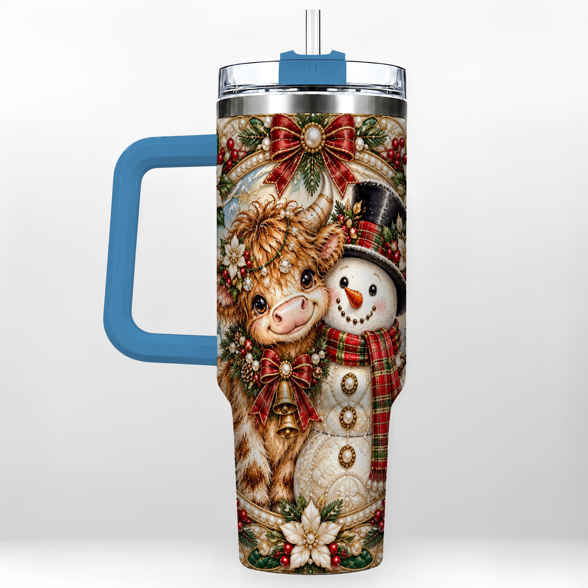 #pl[40oz|Blue] Poinsettia Cow 40oz Tumbler with Handle, Snowman Stainless Steel Travel Cup