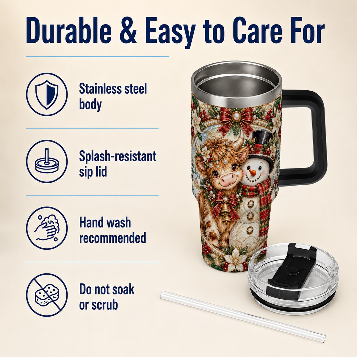 #pl[40oz|Black] Poinsettia Cow 40oz Tumbler with Handle, Snowman Stainless Steel Travel Cup