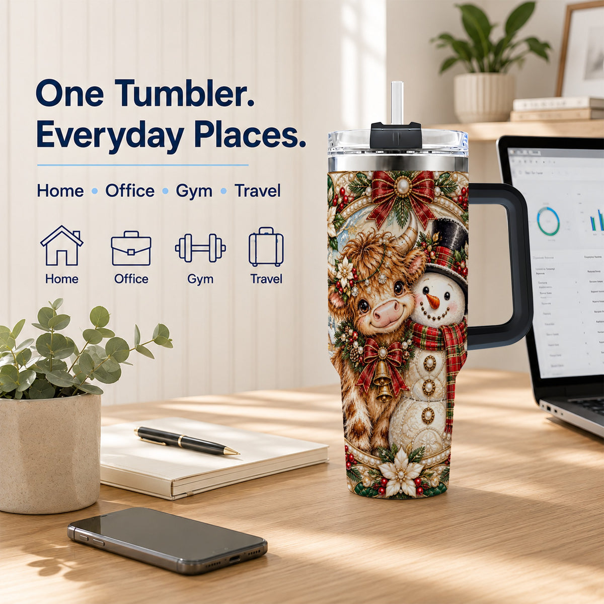 #pl[40oz|Black] Poinsettia Cow 40oz Tumbler with Handle, Snowman Stainless Steel Travel Cup