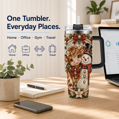 #pl[40oz|Black] Poinsettia Cow 40oz Tumbler with Handle, Snowman Stainless Steel Travel Cup