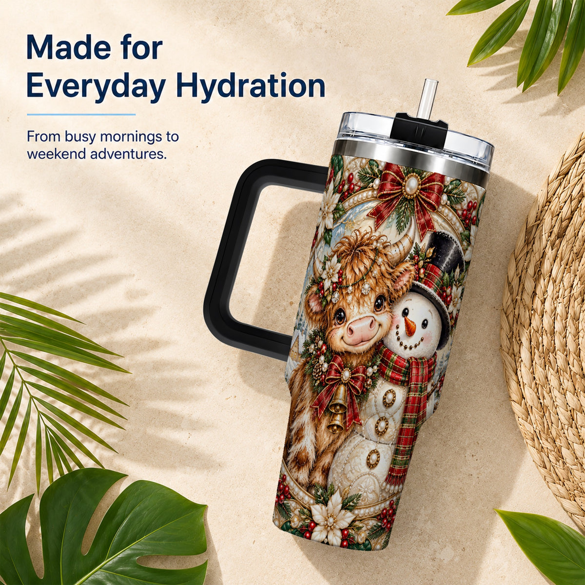 #pl[40oz|Black] Poinsettia Cow 40oz Tumbler with Handle, Snowman Stainless Steel Travel Cup