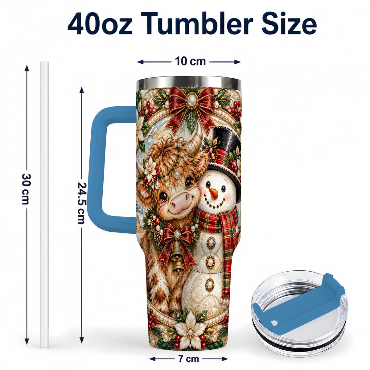 #pl[40oz|Blue] Poinsettia Cow 40oz Tumbler with Handle, Snowman Stainless Steel Travel Cup