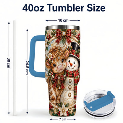 #pl[40oz|Blue] Poinsettia Cow 40oz Tumbler with Handle, Snowman Stainless Steel Travel Cup