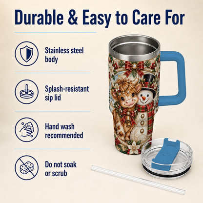 #pl[40oz|Blue] Poinsettia Cow 40oz Tumbler with Handle, Snowman Stainless Steel Travel Cup
