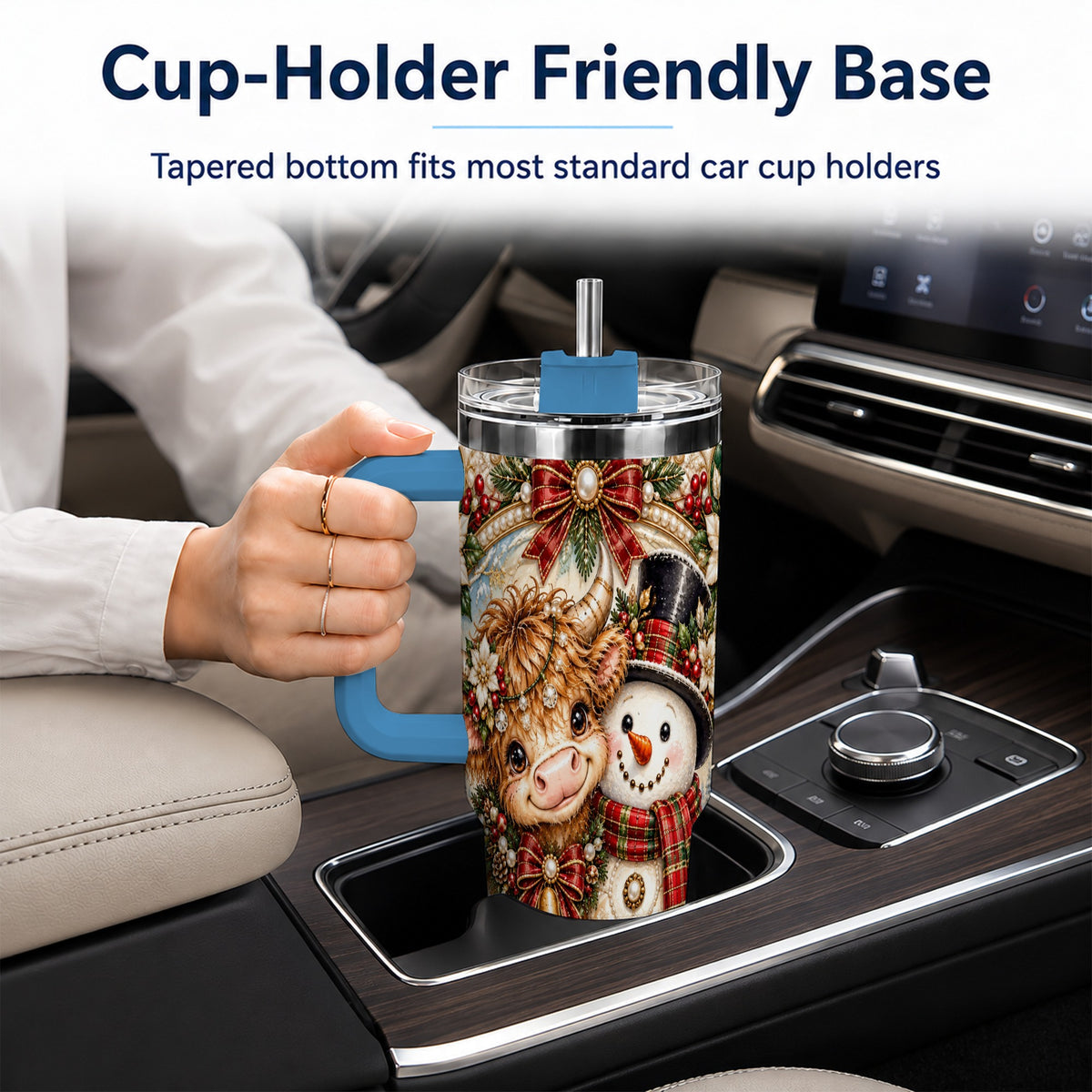 #pl[40oz|Blue] Poinsettia Cow 40oz Tumbler with Handle, Snowman Stainless Steel Travel Cup
