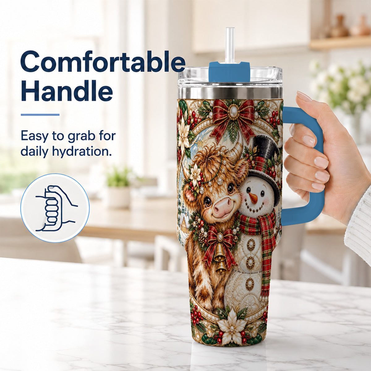 #pl[40oz|Blue] Poinsettia Cow 40oz Tumbler with Handle, Snowman Stainless Steel Travel Cup