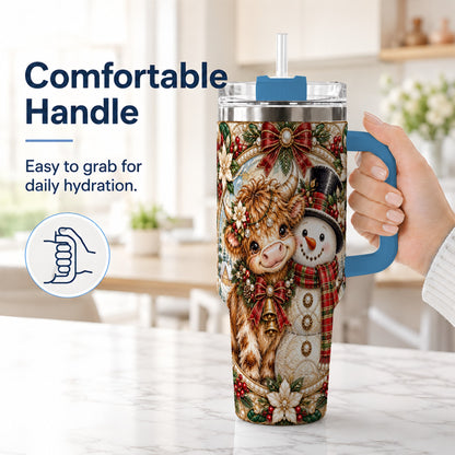 #pl[40oz|Blue] Poinsettia Cow 40oz Tumbler with Handle, Snowman Stainless Steel Travel Cup