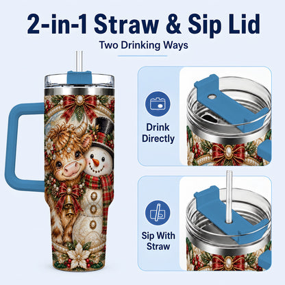 #pl[40oz|Blue] Poinsettia Cow 40oz Tumbler with Handle, Snowman Stainless Steel Travel Cup