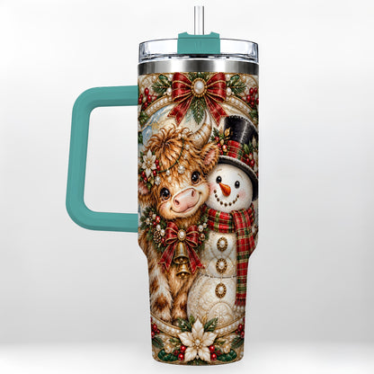 #pl[40oz|Green] Poinsettia Cow 40oz Tumbler with Handle, Snowman Stainless Steel Travel Cup