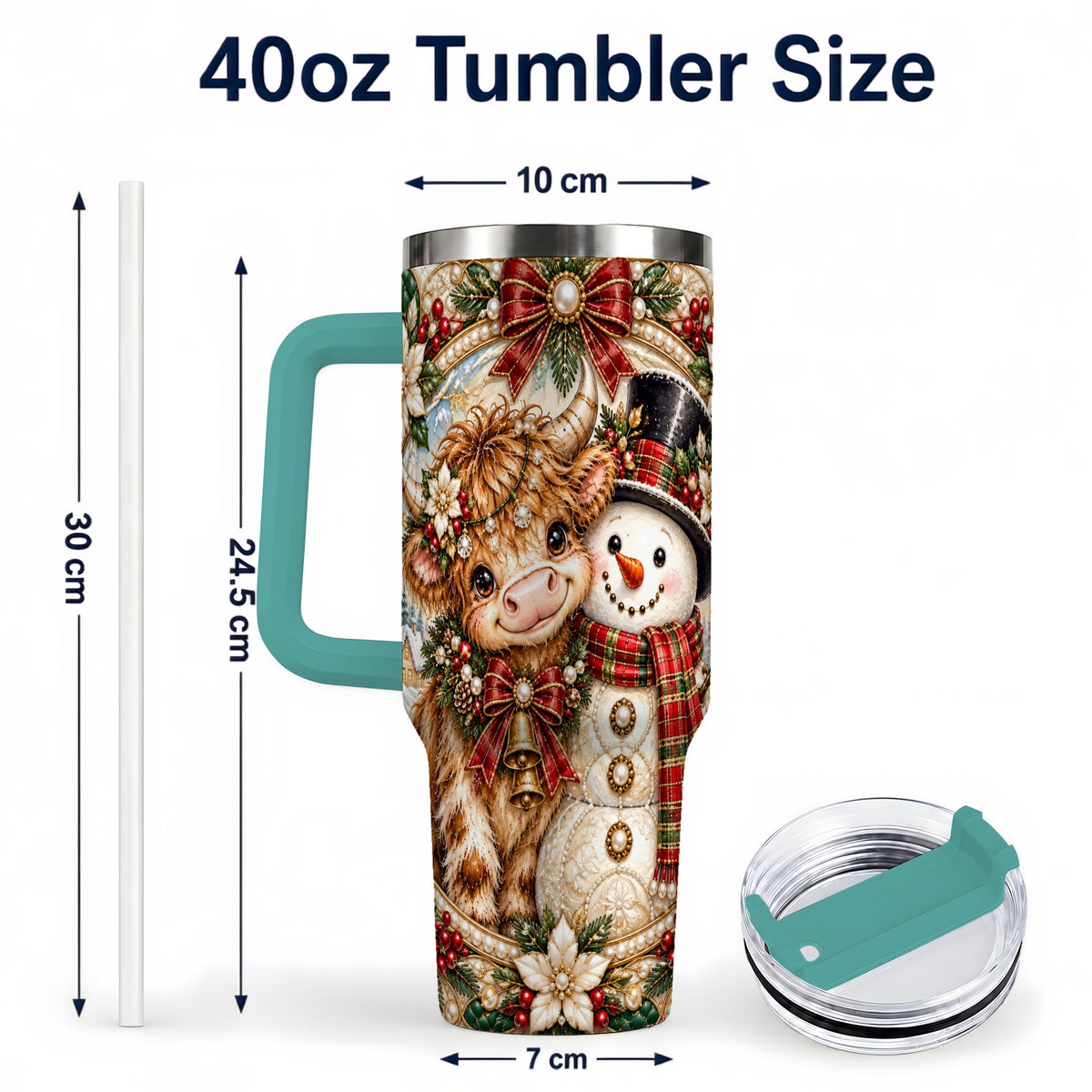 #pl[40oz|Green] Poinsettia Cow 40oz Tumbler with Handle, Snowman Stainless Steel Travel Cup