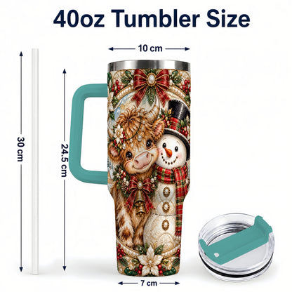 #pl[40oz|Green] Poinsettia Cow 40oz Tumbler with Handle, Snowman Stainless Steel Travel Cup