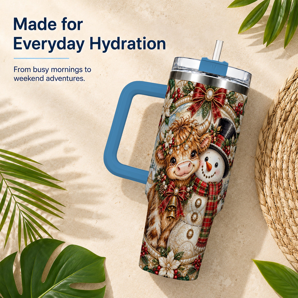 #pl[40oz|Blue] Poinsettia Cow 40oz Tumbler with Handle, Snowman Stainless Steel Travel Cup