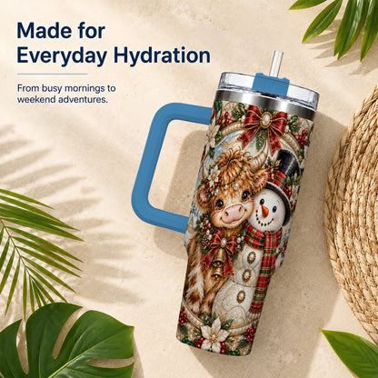 #pl[40oz|Blue] Poinsettia Cow 40oz Tumbler with Handle, Snowman Stainless Steel Travel Cup