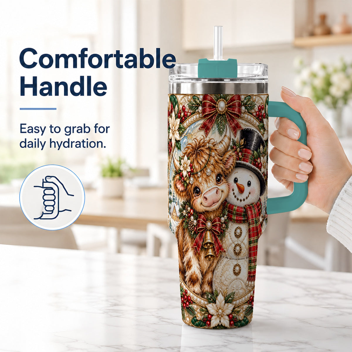 #pl[40oz|Green] Poinsettia Cow 40oz Tumbler with Handle, Snowman Stainless Steel Travel Cup