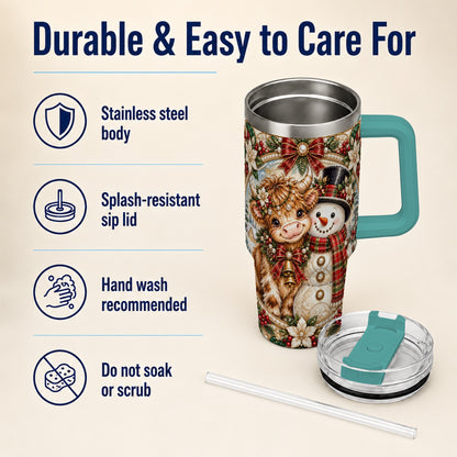 #pl[40oz|Green] Poinsettia Cow 40oz Tumbler with Handle, Snowman Stainless Steel Travel Cup