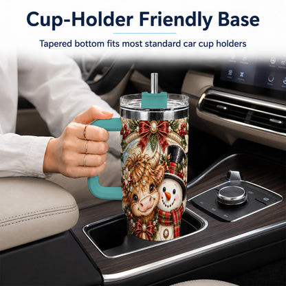 #pl[40oz|Green] Poinsettia Cow 40oz Tumbler with Handle, Snowman Stainless Steel Travel Cup