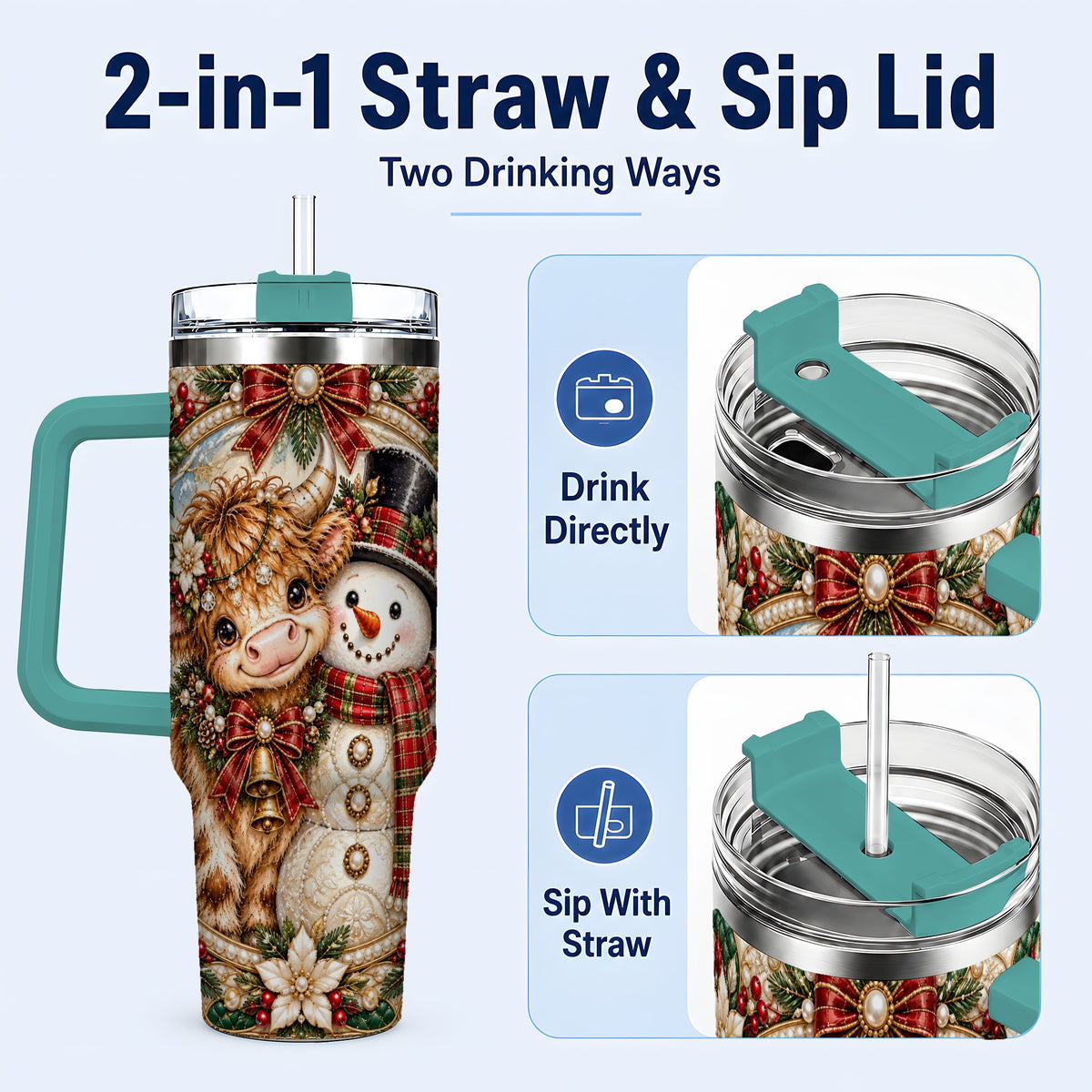 #pl[40oz|Green] Poinsettia Cow 40oz Tumbler with Handle, Snowman Stainless Steel Travel Cup