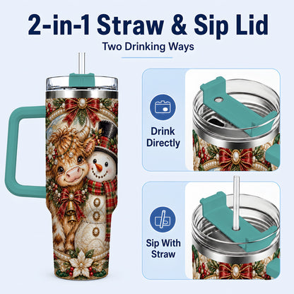 #pl[40oz|Green] Poinsettia Cow 40oz Tumbler with Handle, Snowman Stainless Steel Travel Cup