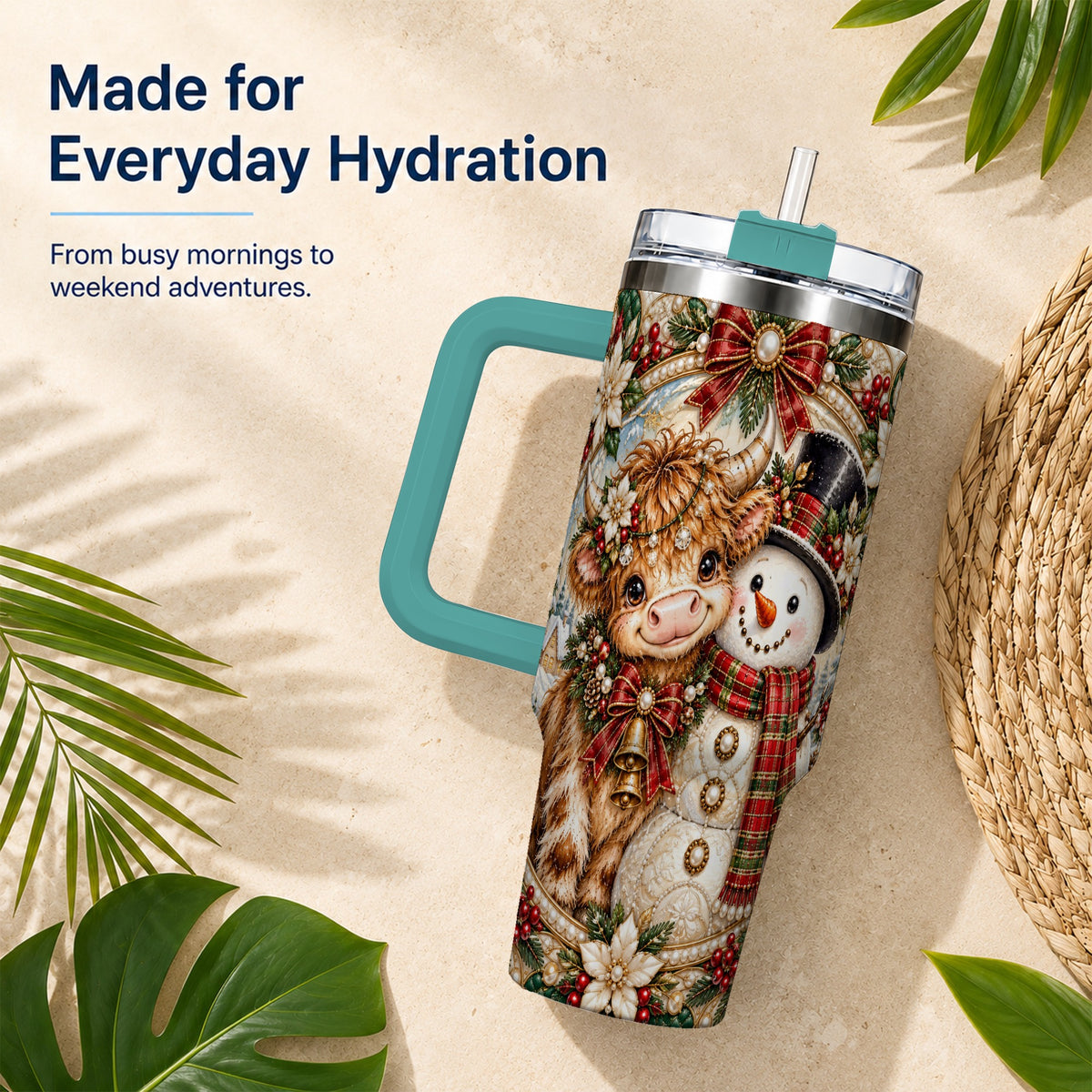 #pl[40oz|Green] Poinsettia Cow 40oz Tumbler with Handle, Snowman Stainless Steel Travel Cup