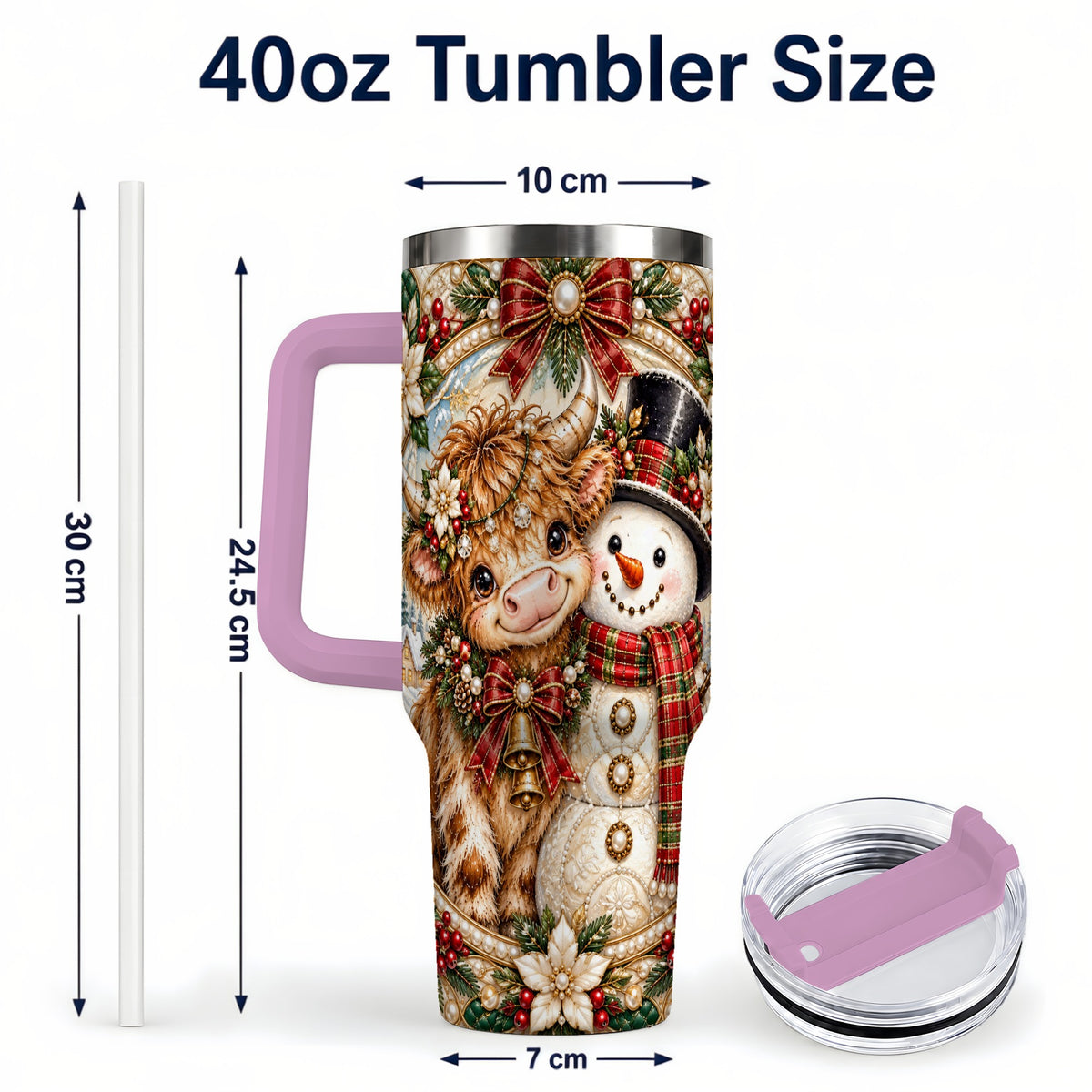 #pl[40oz|Pink] Poinsettia Cow 40oz Tumbler with Handle, Snowman Stainless Steel Travel Cup