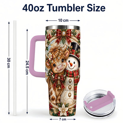 #pl[40oz|Pink] Poinsettia Cow 40oz Tumbler with Handle, Snowman Stainless Steel Travel Cup