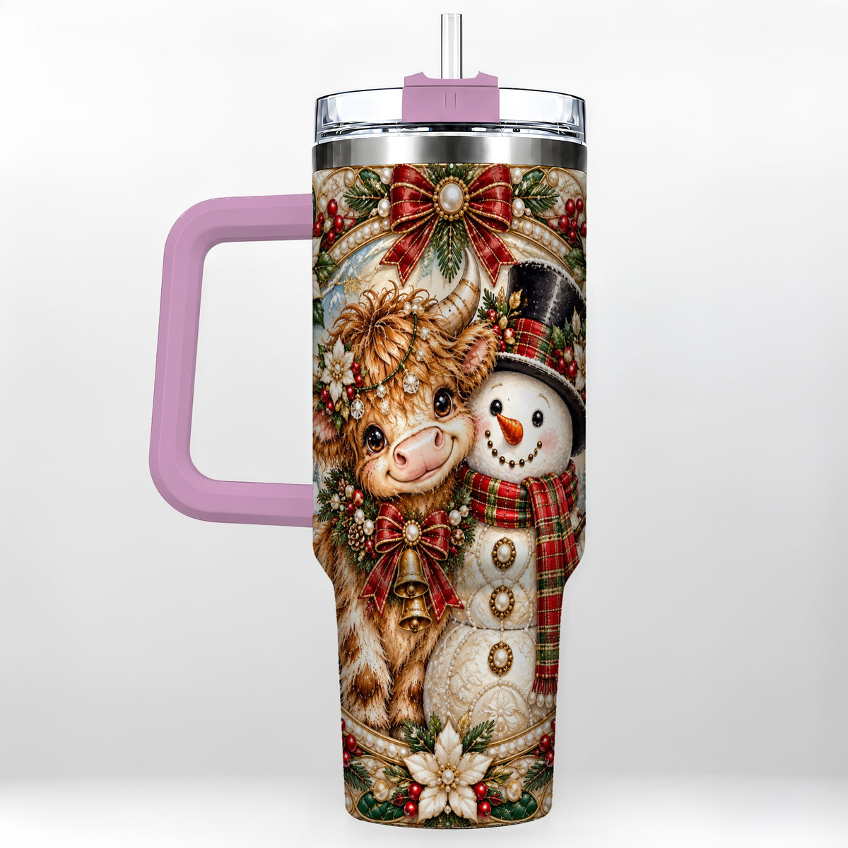 #pl[40oz|Pink] Poinsettia Cow 40oz Tumbler with Handle, Snowman Stainless Steel Travel Cup