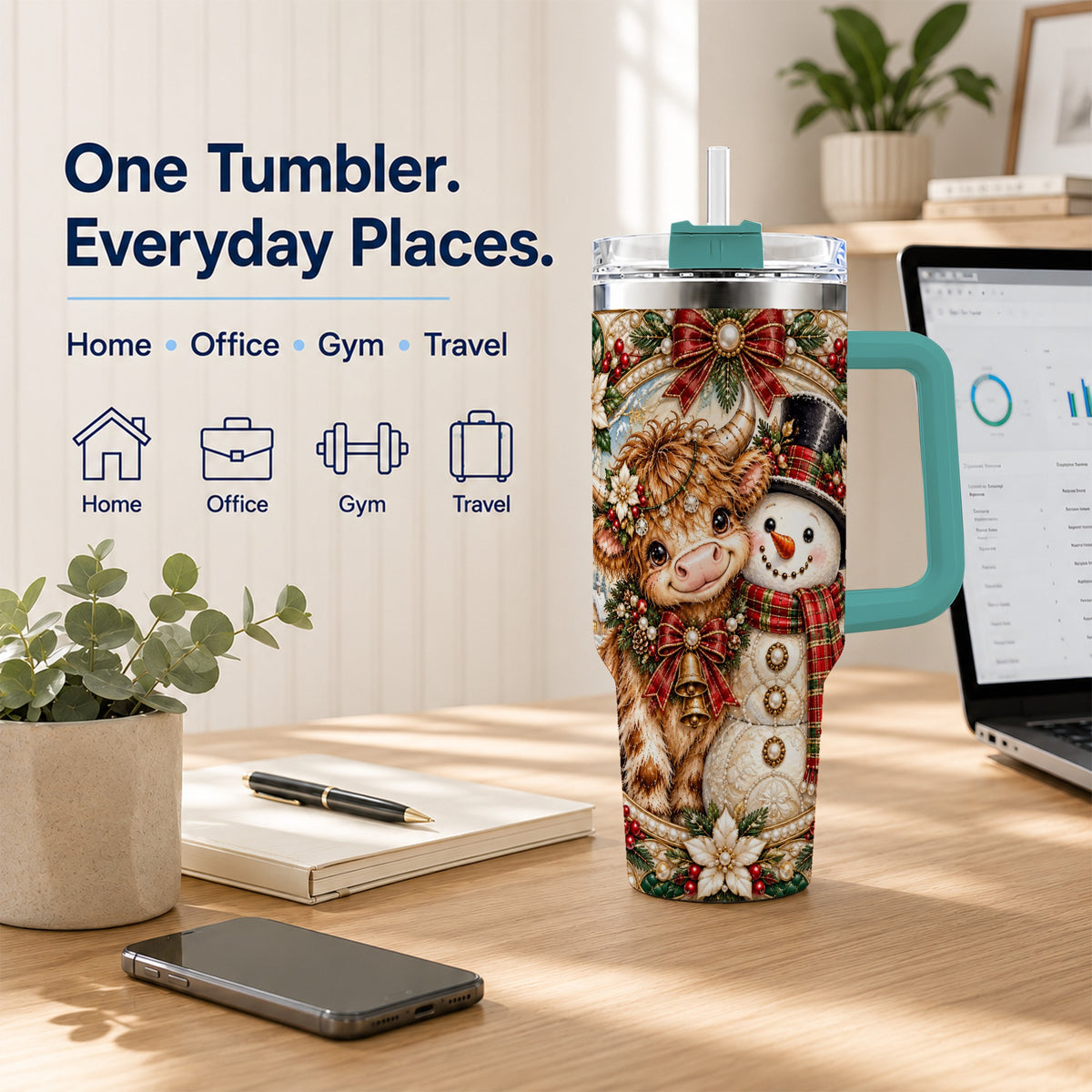 #pl[40oz|Green] Poinsettia Cow 40oz Tumbler with Handle, Snowman Stainless Steel Travel Cup