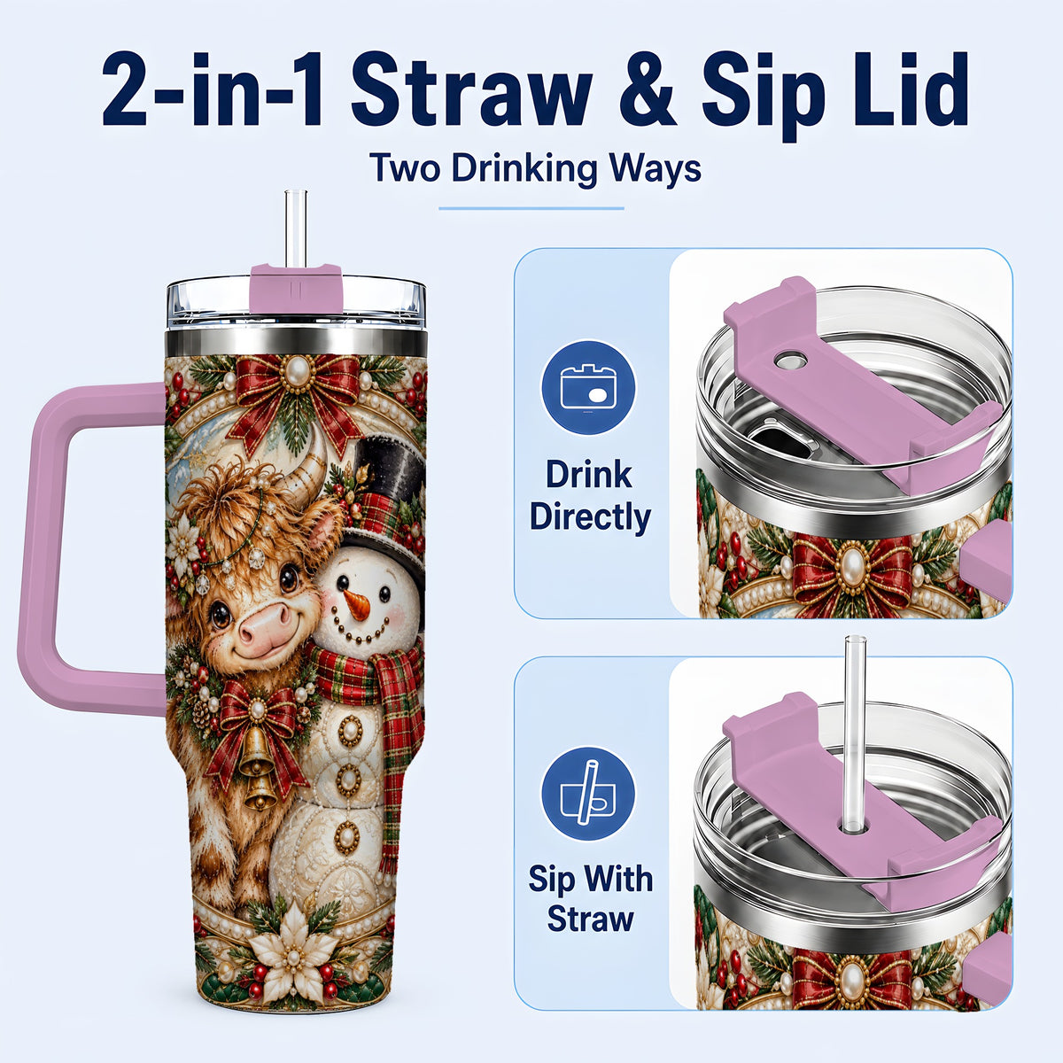 #pl[40oz|Pink] Poinsettia Cow 40oz Tumbler with Handle, Snowman Stainless Steel Travel Cup