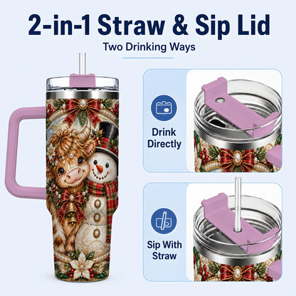 #pl[40oz|Pink] Poinsettia Cow 40oz Tumbler with Handle, Snowman Stainless Steel Travel Cup