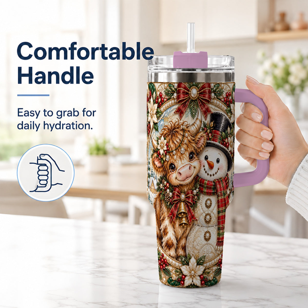 #pl[40oz|Pink] Poinsettia Cow 40oz Tumbler with Handle, Snowman Stainless Steel Travel Cup