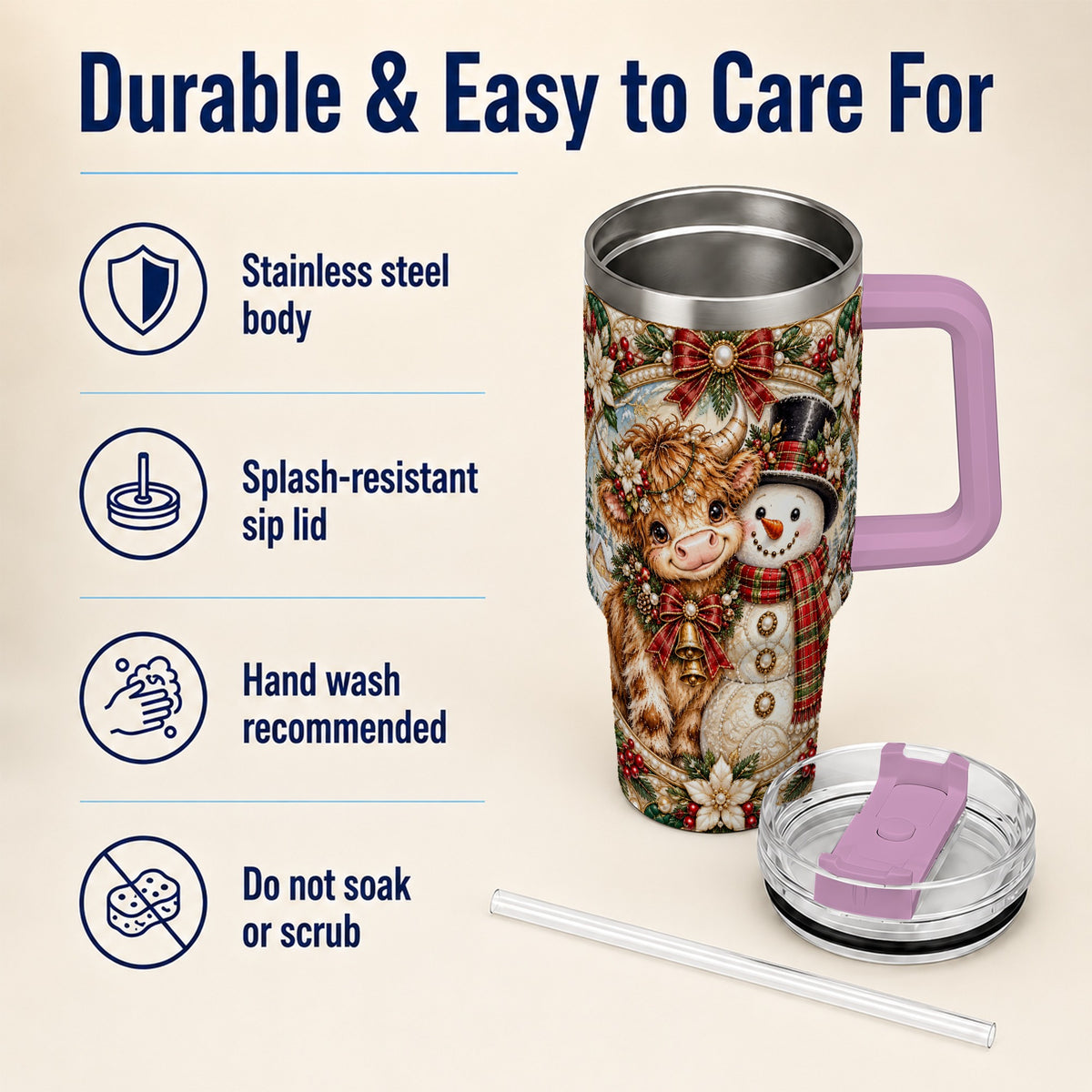 #pl[40oz|Pink] Poinsettia Cow 40oz Tumbler with Handle, Snowman Stainless Steel Travel Cup