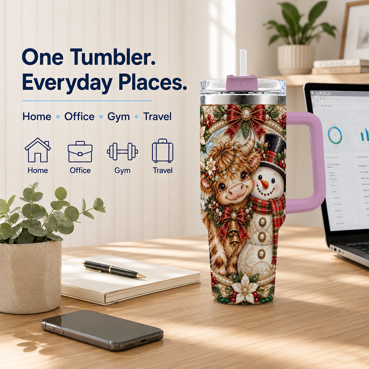 #pl[40oz|Pink] Poinsettia Cow 40oz Tumbler with Handle, Snowman Stainless Steel Travel Cup