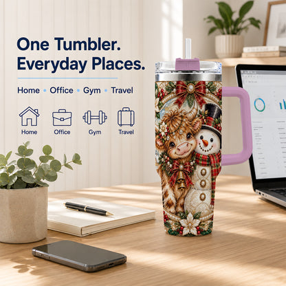 #pl[40oz|Pink] Poinsettia Cow 40oz Tumbler with Handle, Snowman Stainless Steel Travel Cup