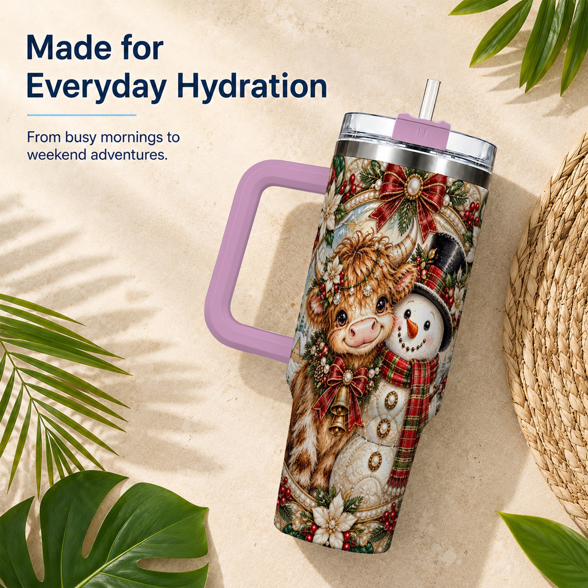 #pl[40oz|Pink] Poinsettia Cow 40oz Tumbler with Handle, Snowman Stainless Steel Travel Cup