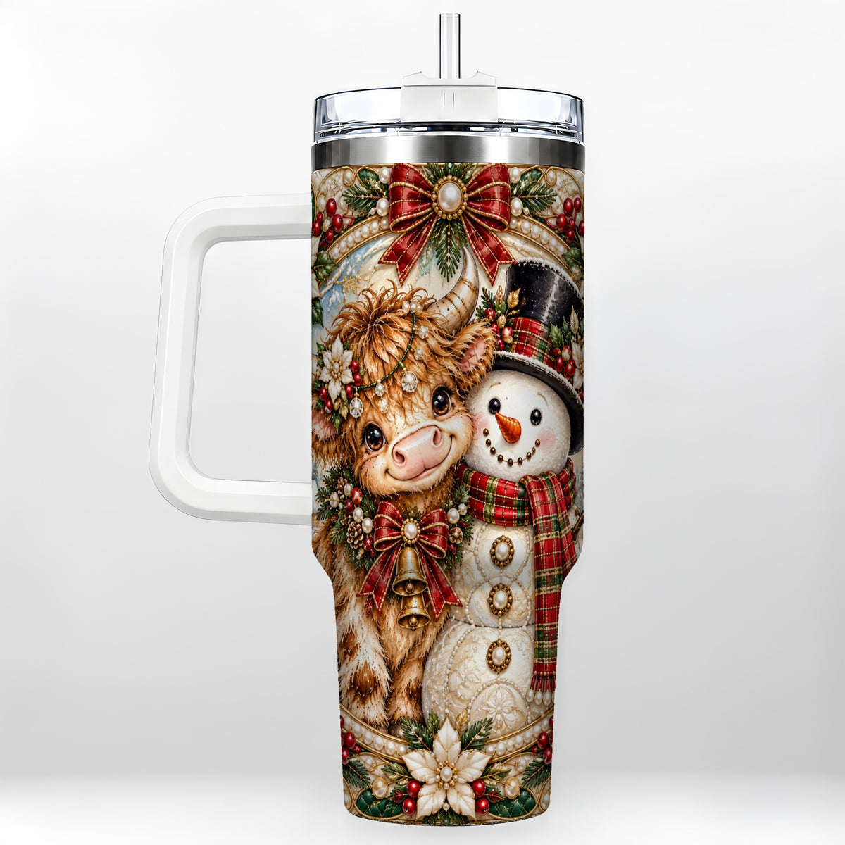 Poinsettia Cow 40oz Tumbler with Handle, Snowman Stainless Steel Travel Cup