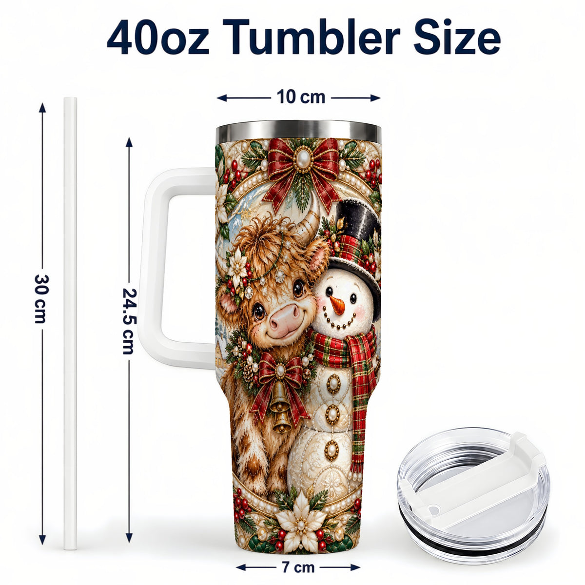 #pl[40oz|White] Poinsettia Cow 40oz Tumbler with Handle, Snowman Stainless Steel Travel Cup