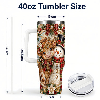 #pl[40oz|White] Poinsettia Cow 40oz Tumbler with Handle, Snowman Stainless Steel Travel Cup