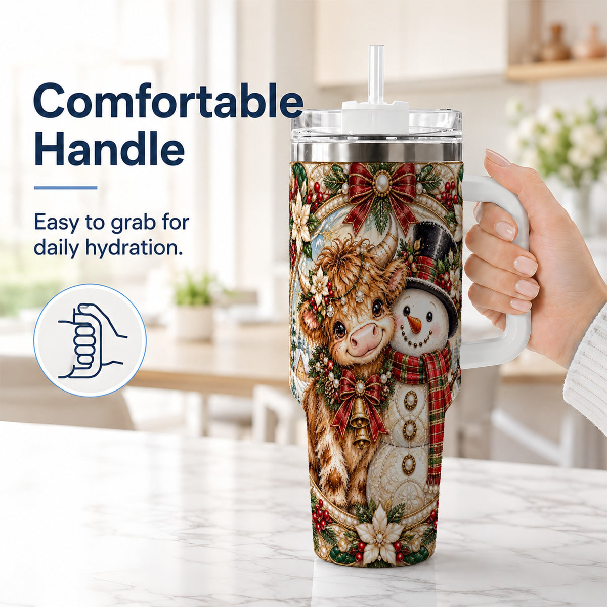 #pl[40oz|White] Poinsettia Cow 40oz Tumbler with Handle, Snowman Stainless Steel Travel Cup