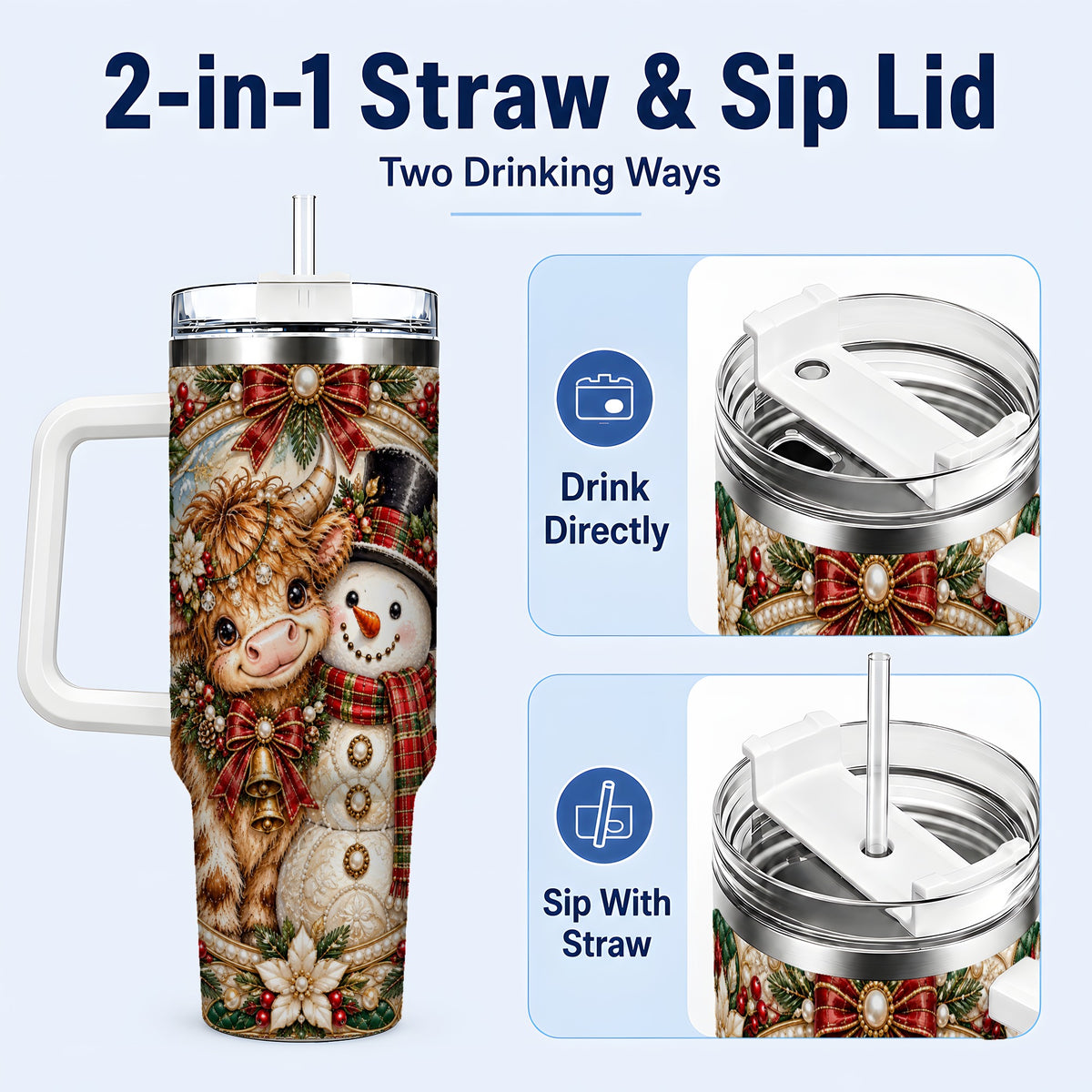 #pl[40oz|White] Poinsettia Cow 40oz Tumbler with Handle, Snowman Stainless Steel Travel Cup