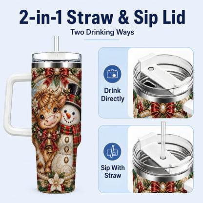#pl[40oz|White] Poinsettia Cow 40oz Tumbler with Handle, Snowman Stainless Steel Travel Cup