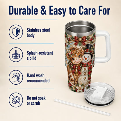 #pl[40oz|White] Poinsettia Cow 40oz Tumbler with Handle, Snowman Stainless Steel Travel Cup