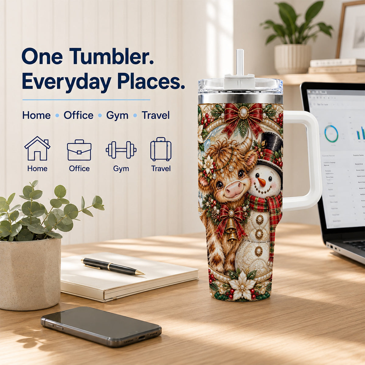#pl[40oz|White] Poinsettia Cow 40oz Tumbler with Handle, Snowman Stainless Steel Travel Cup