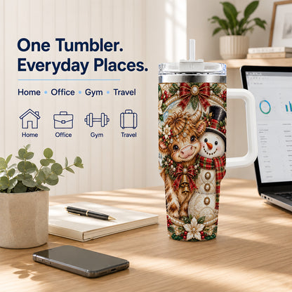#pl[40oz|White] Poinsettia Cow 40oz Tumbler with Handle, Snowman Stainless Steel Travel Cup