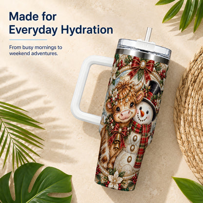 #pl[40oz|White] Poinsettia Cow 40oz Tumbler with Handle, Snowman Stainless Steel Travel Cup