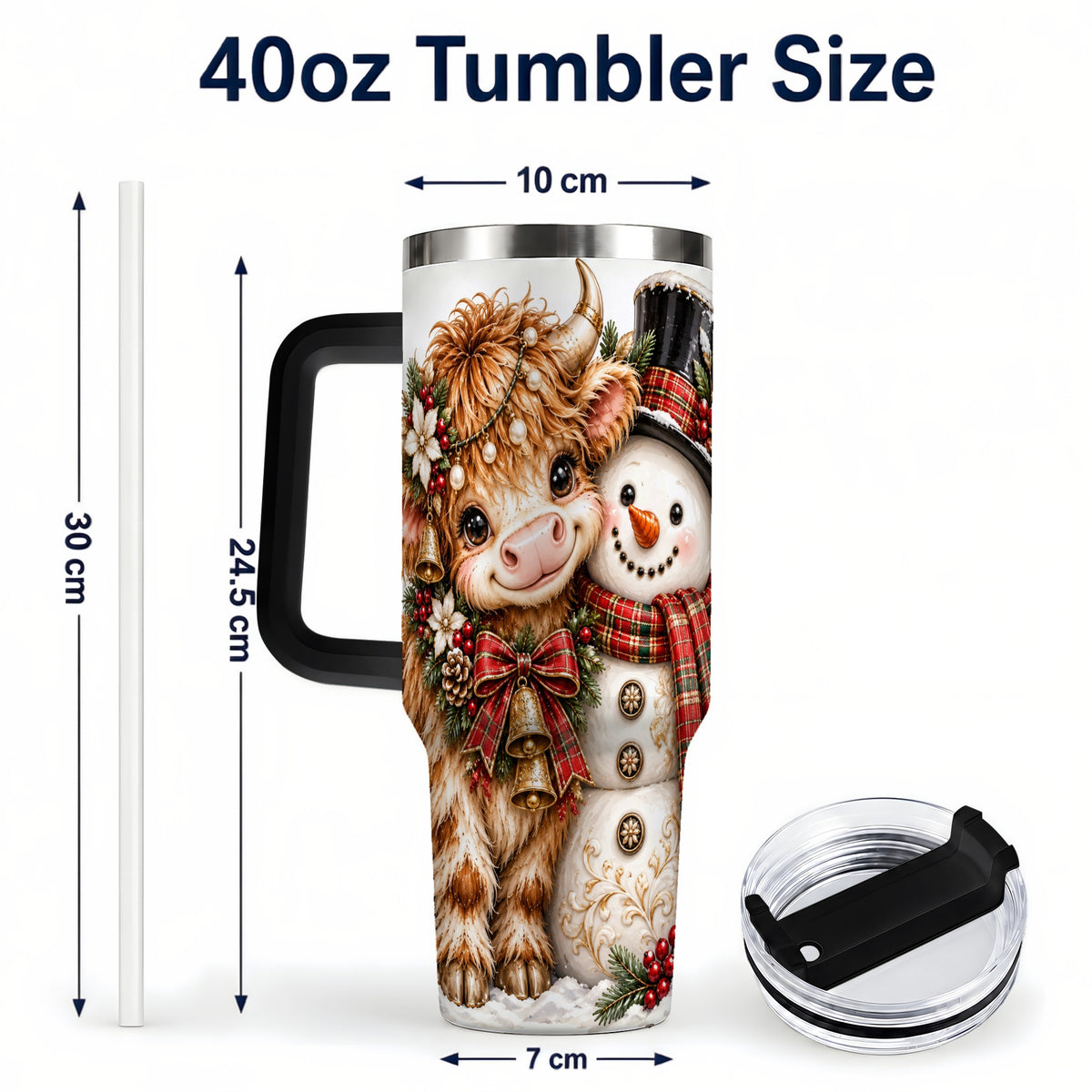 #pl[40oz|Black] Christmas Cow 40oz Tumbler with Handle, Bell Snowman Steel Travel Cup