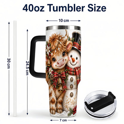 #pl[40oz|Black] Christmas Cow 40oz Tumbler with Handle, Bell Snowman Steel Travel Cup