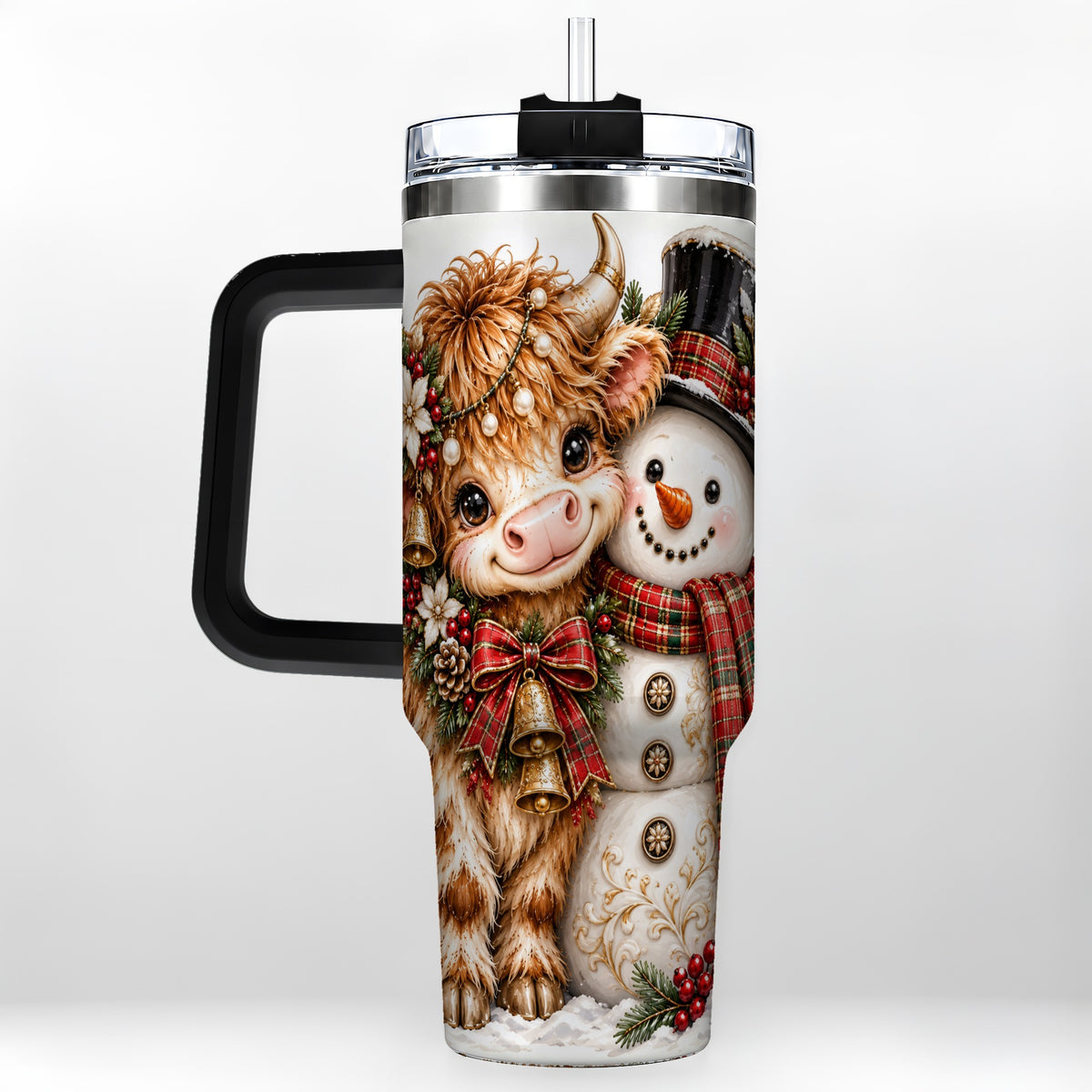 #pl[40oz|Black] Christmas Cow 40oz Tumbler with Handle, Bell Snowman Steel Travel Cup