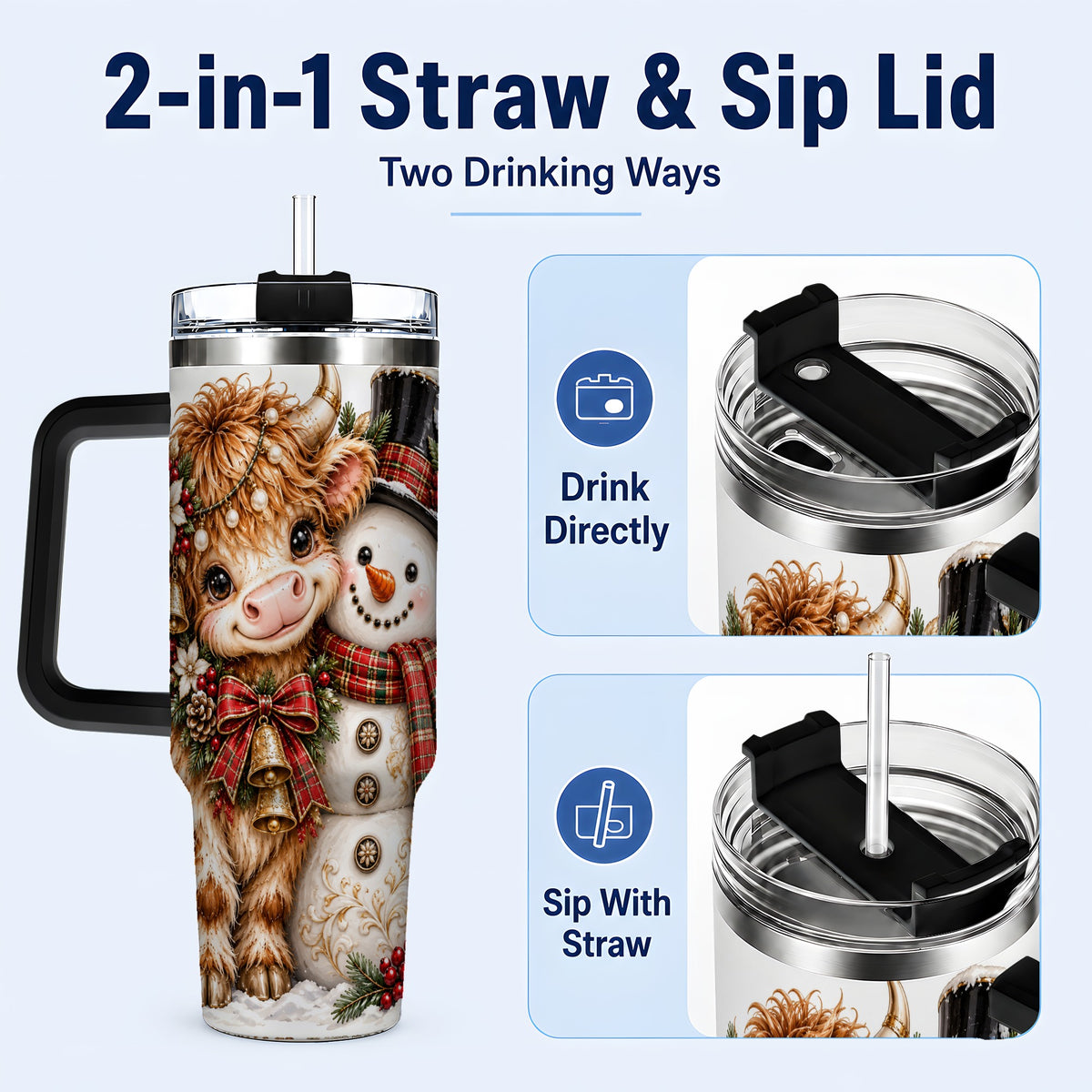 #pl[40oz|Black] Christmas Cow 40oz Tumbler with Handle, Bell Snowman Steel Travel Cup